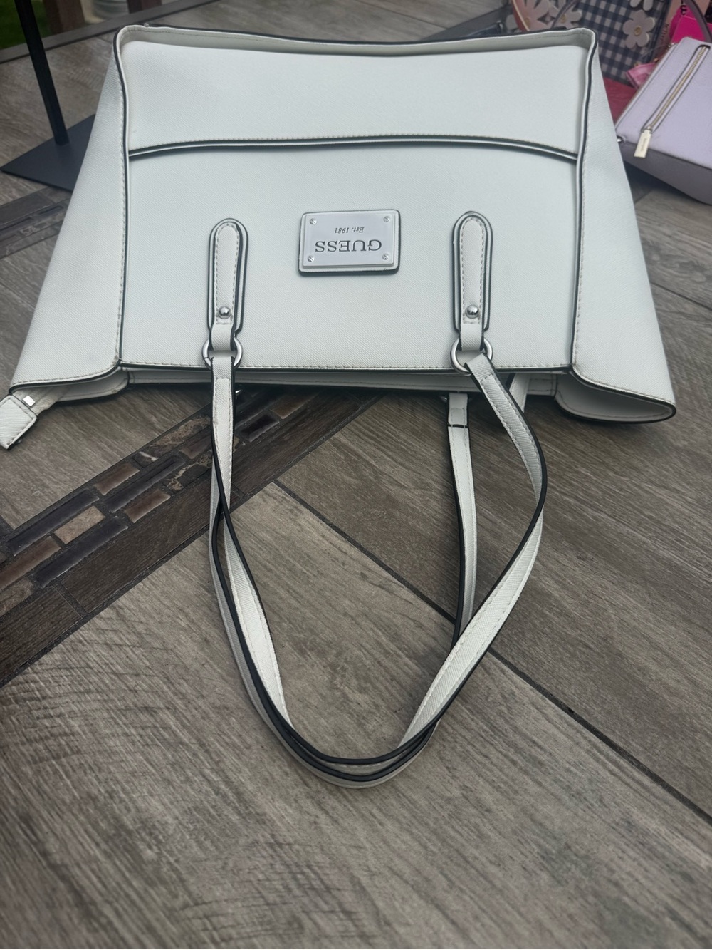 NWOT GUESS White Structured Saffiano Tote Shoulder Dual Strap - Picture 8 of 10